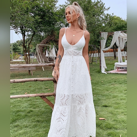 NWT White Cotton LAVANDE-11 Eyelet Lace Adjustable Maxi Sun Dress S / M, 4 / 6 - Picture 14 of 14